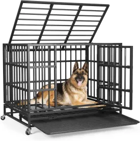 VOWNER 42 Heavy Duty Indestructible Dog Crate, High Anxiety Dog Crate, Escape Proof Dog Cage Kennel with 4 Lockable Wheels, Double Sturdy Locks, Double Door and Removable Tray Design, for Large Dogs