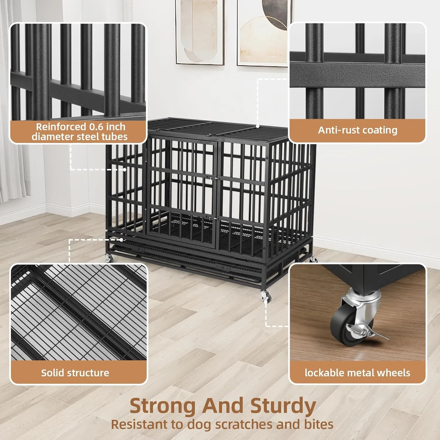 VOWNER 42 Heavy Duty Indestructible Dog Crate, High Anxiety Dog Crate, Escape Proof Dog Cage Kennel with 4 Lockable Wheels, Double Sturdy Locks, Double Door and Removable Tray Design, for Large Dogs